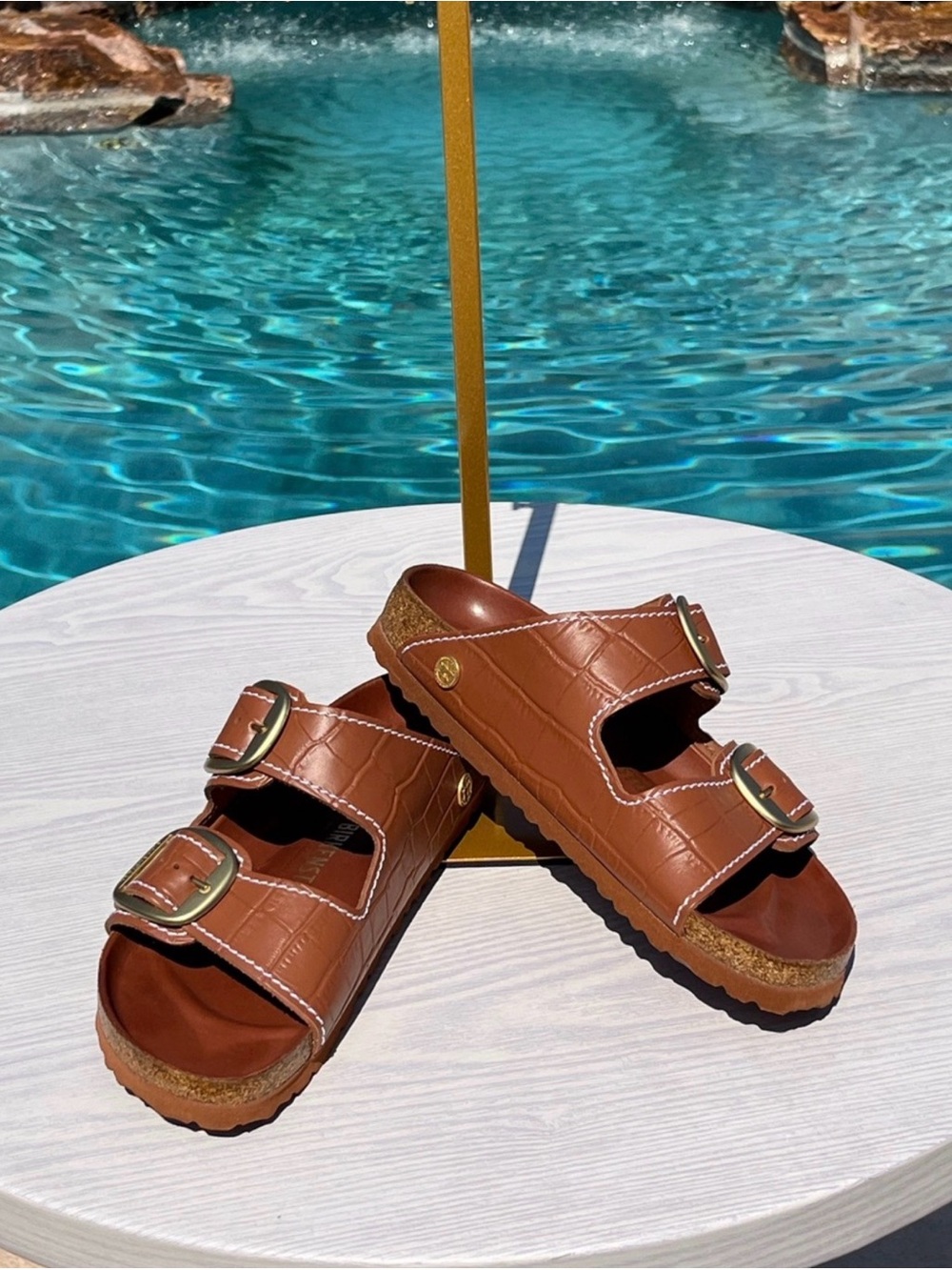 Birkenstock x STAUD Brown Croc-Embossed Double Buckle Slides with Gold Buckles